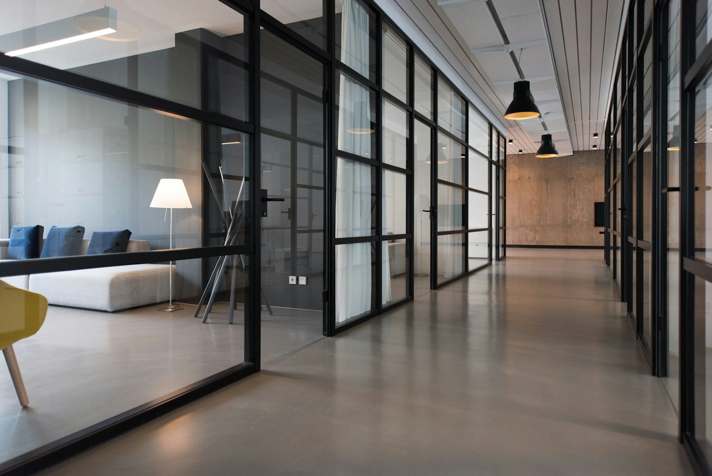 Shared workplace with desks, seating and natural light